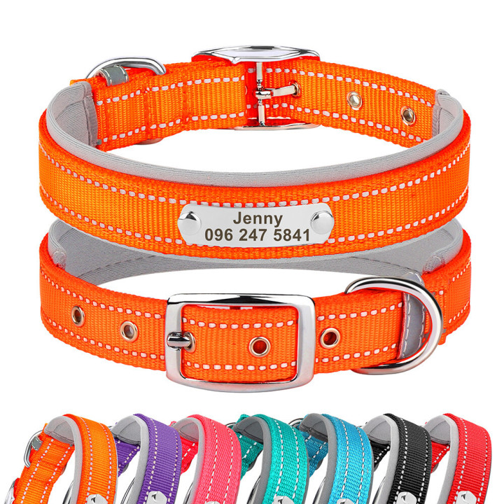 Reflective Nylon Personalized Dog Collar Custom Pet Name ID Tag Adjustable S-XL